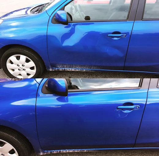 Parking lot door ding before and after paintless dent repair