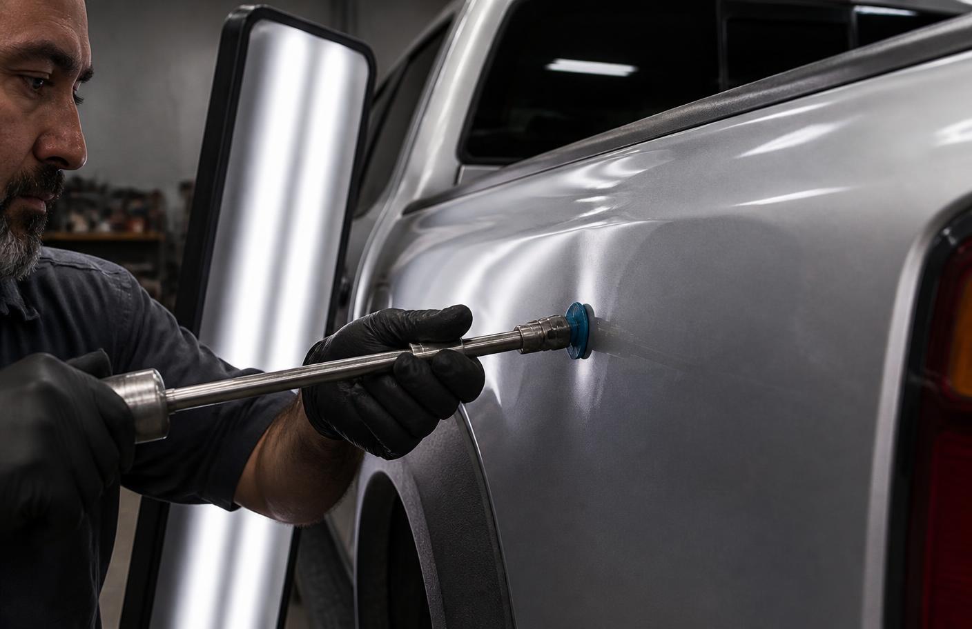 PDR technician glue-pulling a dent out of an aluminum pickup truck bedside under an LED reading light in the Burlington shop