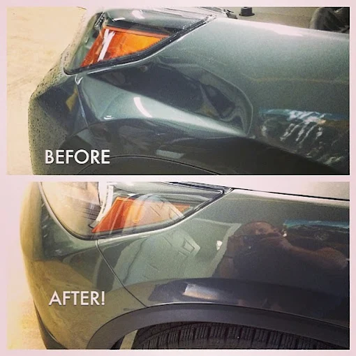 Before and after paintless dent repair of a truck tailgate dent in Hamilton Ontario