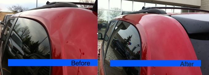 Before and after paintless dent repair of a dented body panel at Precision Dent Repair Hamilton