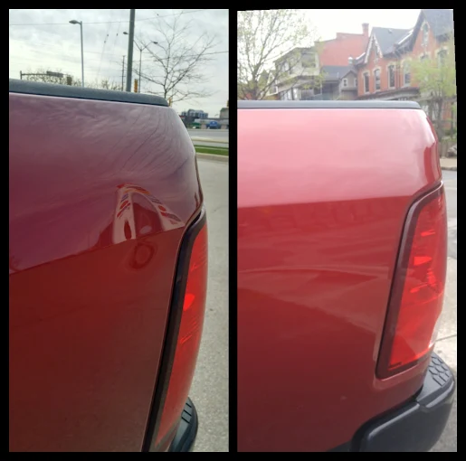 Before and after paintless dent repair of a fender dent, repaired same day in Burlington