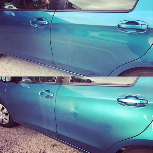 Before and after paintless dent repair of hood dents on a vehicle in the Golden Horseshoe