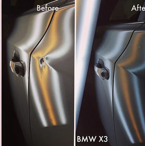 BMW X3 before and after paintless dent repair with factory paint intact