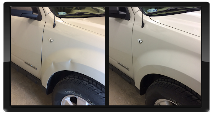 Before and after paintless dent repair of a quarter panel dent with original factory paint preserved