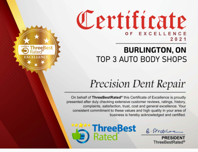 Precision Dent Repair 2021 Consumer Choice Award certificate for paintless dent repair