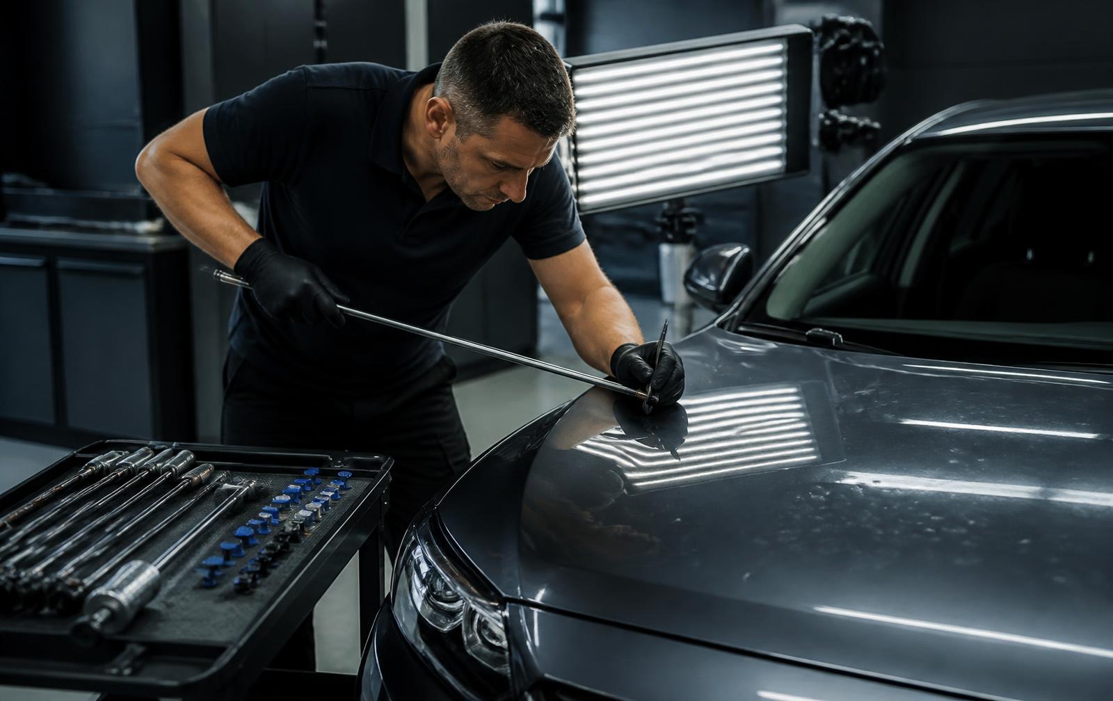 Hail-damaged vehicle being repaired for a Hamilton customer using paintless dent repair
