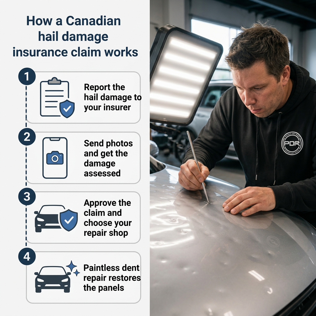 Four-step infographic labelling how a Canadian hail damage insurance claim works, plus a PDR technician repairing hail dents on a vehicle hood without repainting